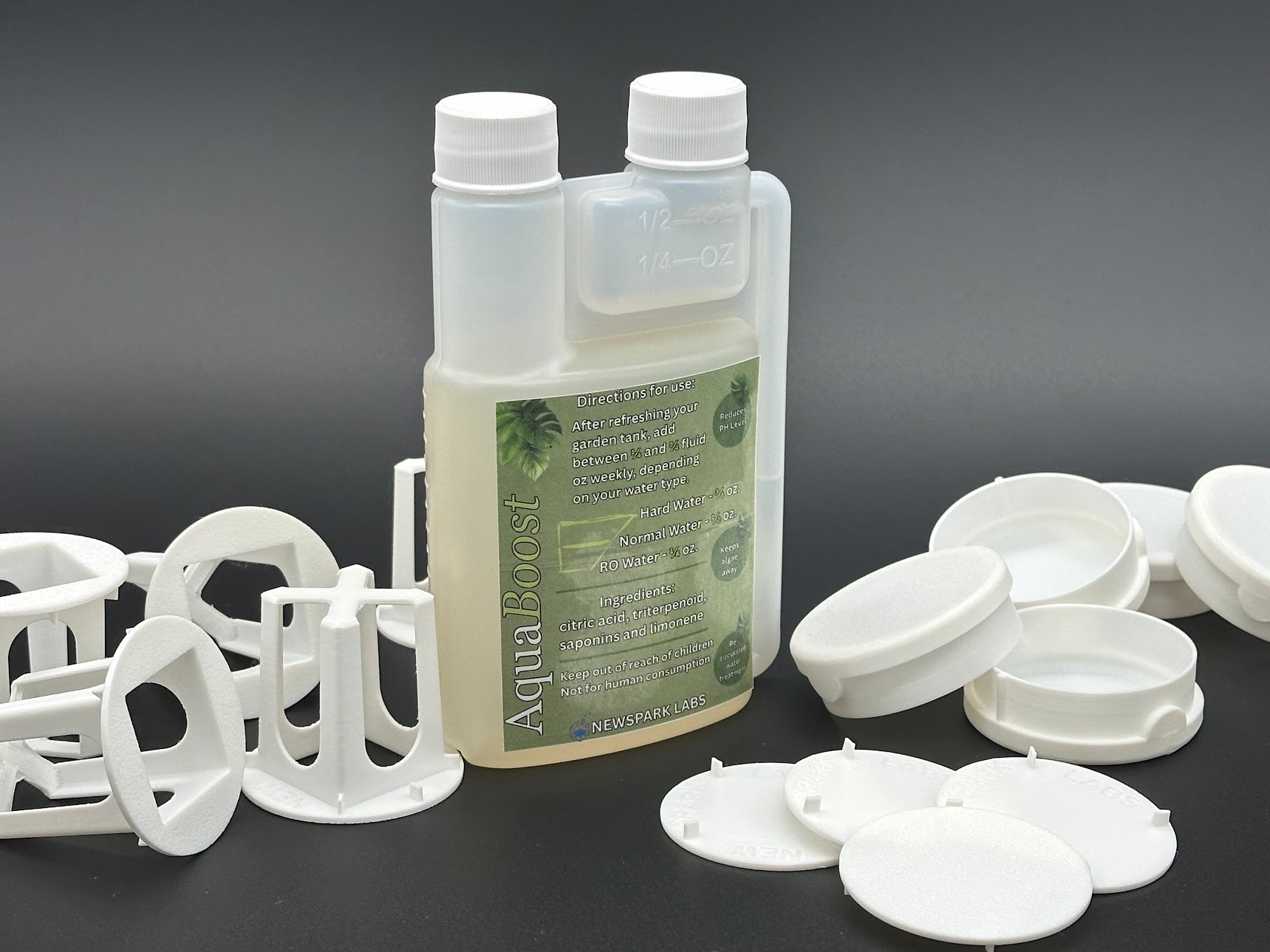 white baskets and caps alongside a plastic bottle filled with liquid