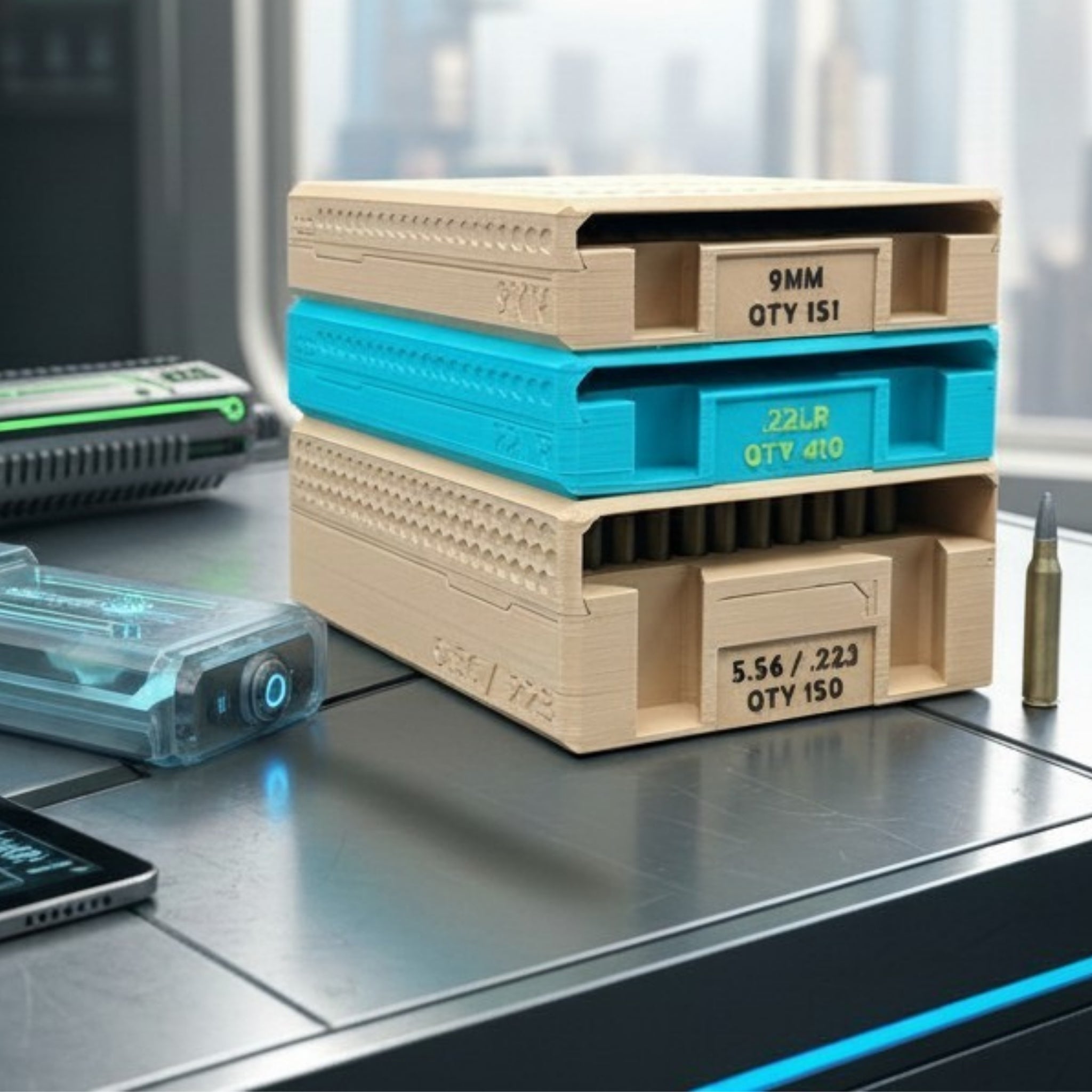 stack of tan and turquoise ammunition organizer trays on a metal desktop. a futuristic gun is nearby and there is an imitation bullet next to the tray.