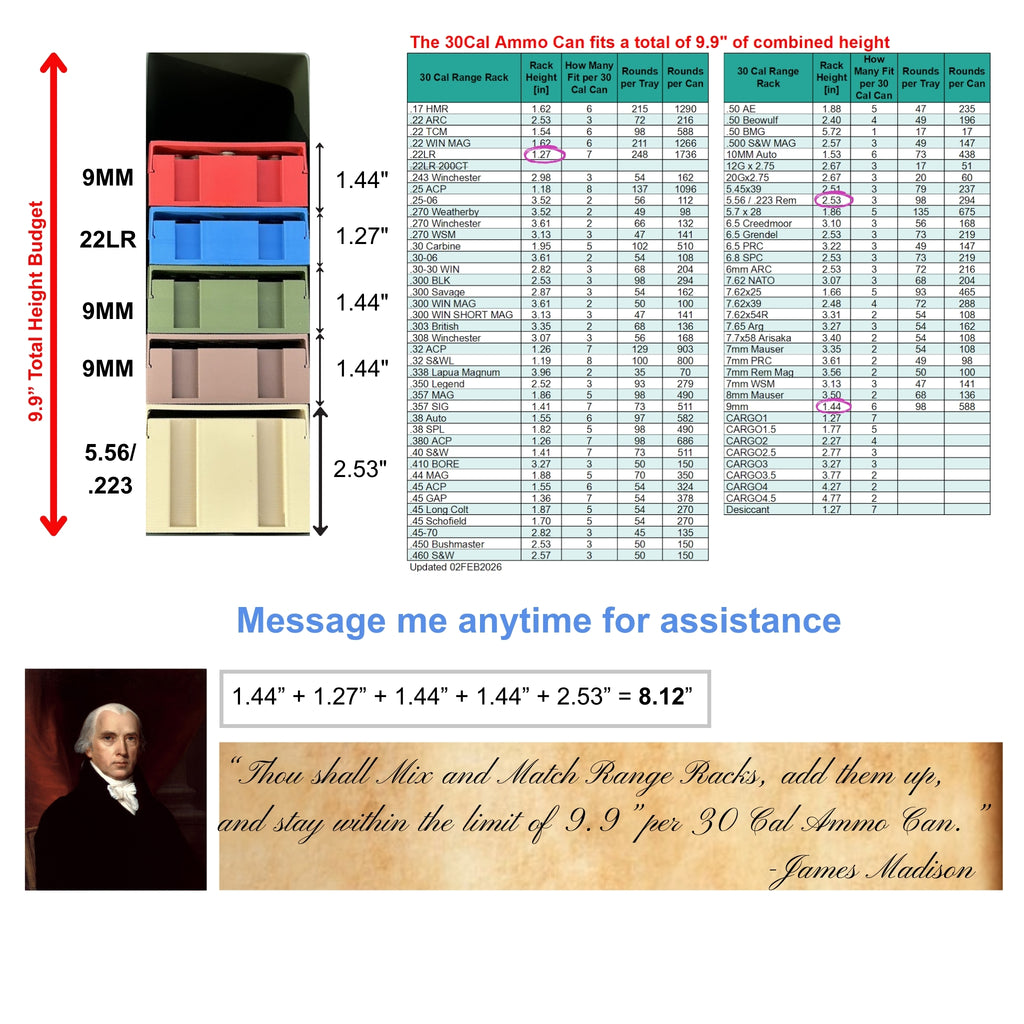 Ammo Organizer Tray for 30Cal NATO Can - The Range Rack System, 60+ Calibers and Designs