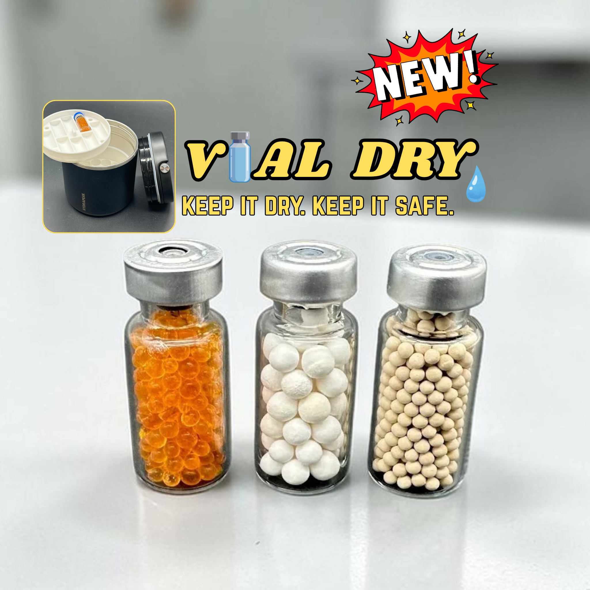 Desiccant Vials with Silica Gel - Vial Dry, for keeping your peptides safe