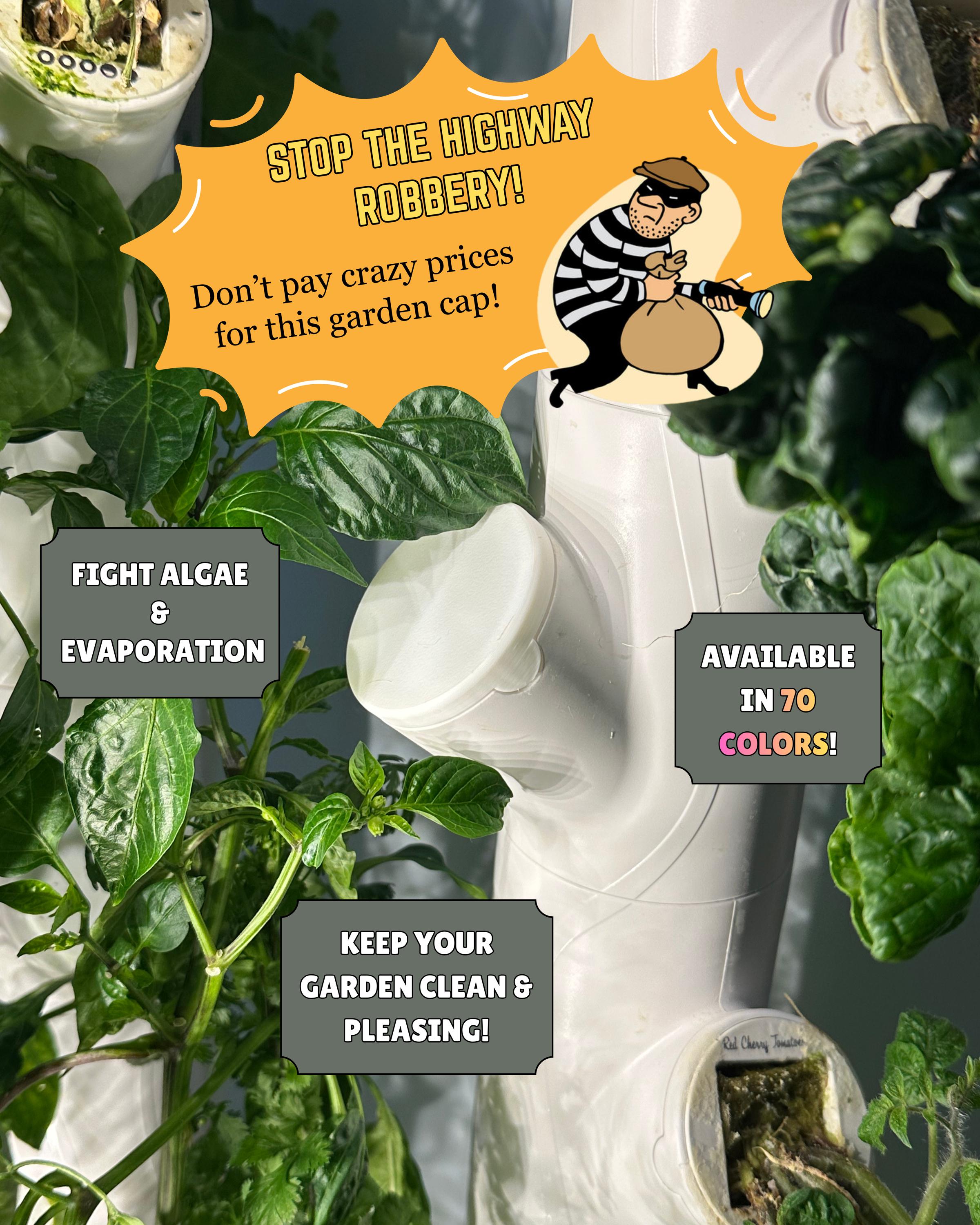 Garden irrigation system with promotional text overlay on a green plant background