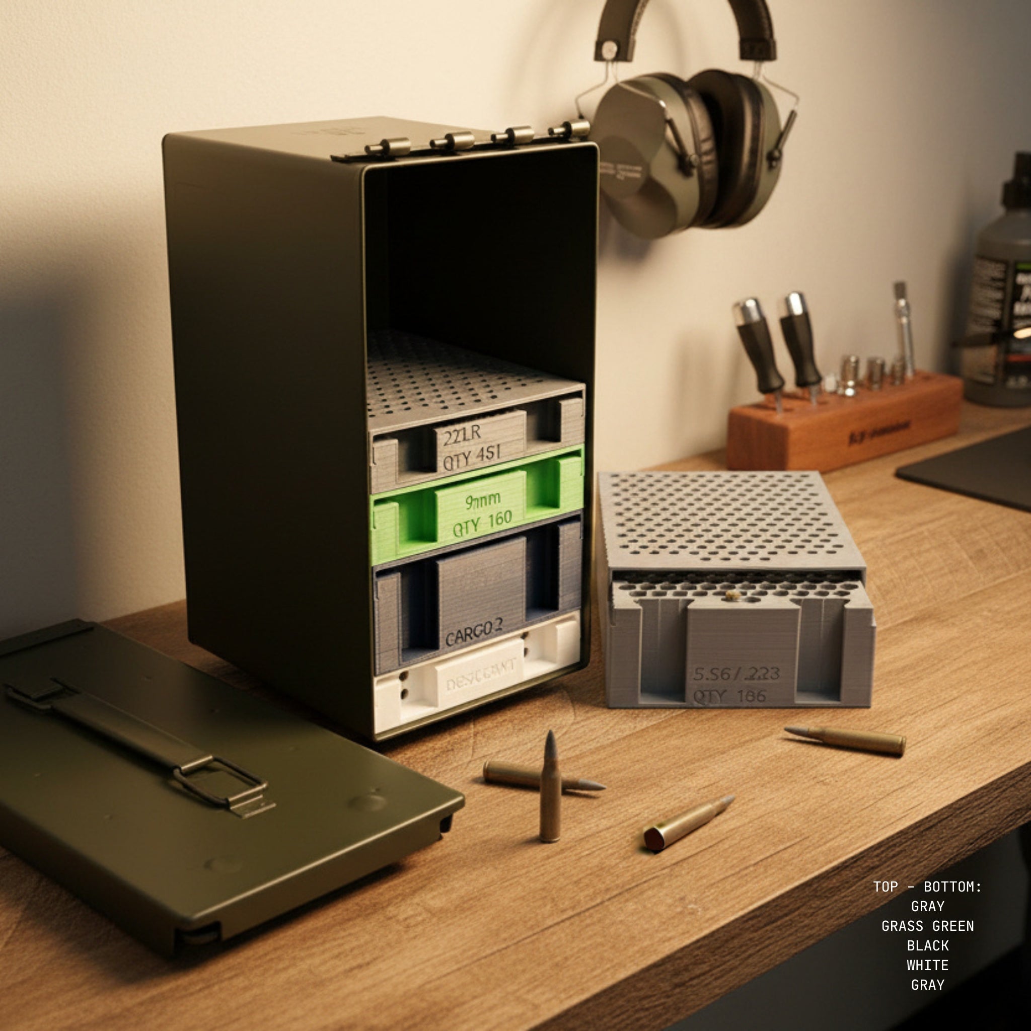 Ammo Organizer Tray for 50Cal NATO Can - The Range Rack System, 60+ Calibers and Designs