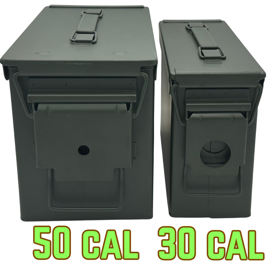 Two green metal ammunition cans with '50 CAL' and '30 CAL' text on a white background.