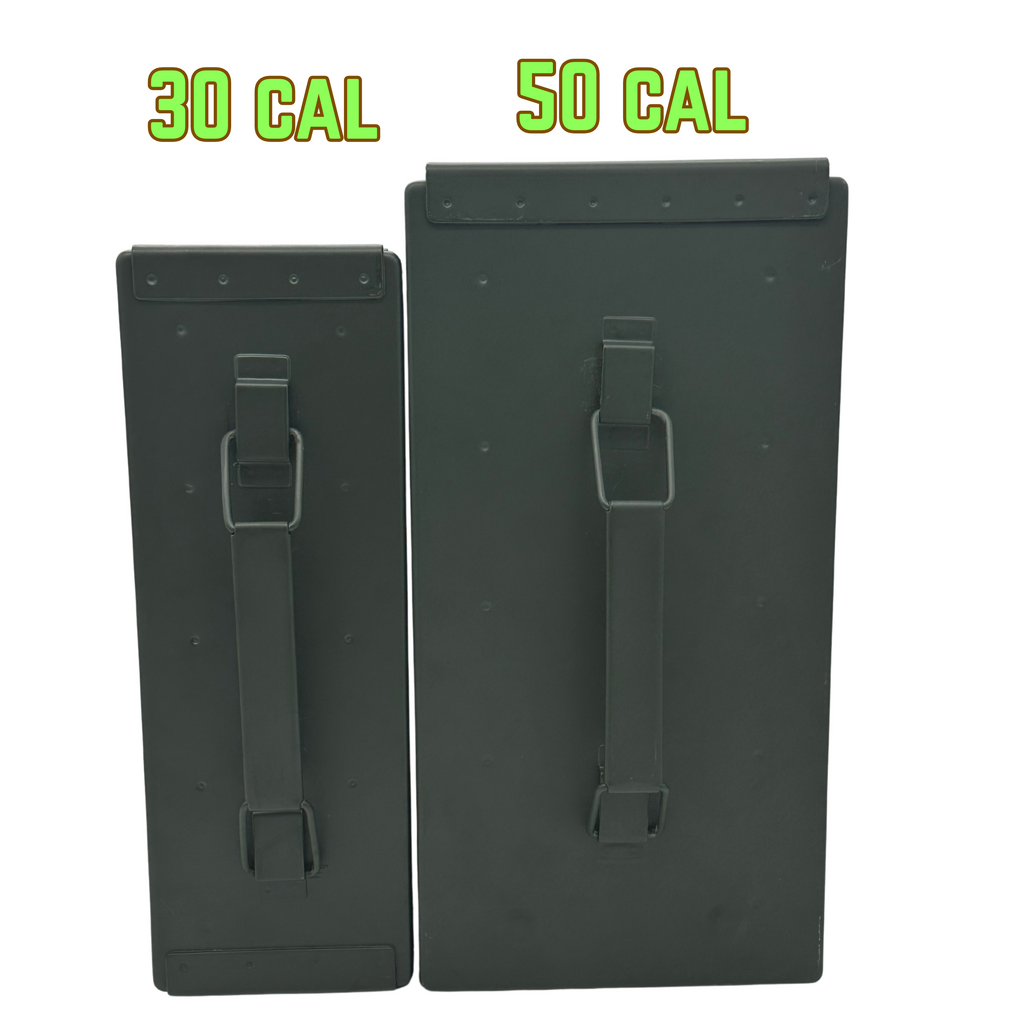 Two army green metal ammunition boxes labeled '30 CAL' and '50 CAL' on a white background.