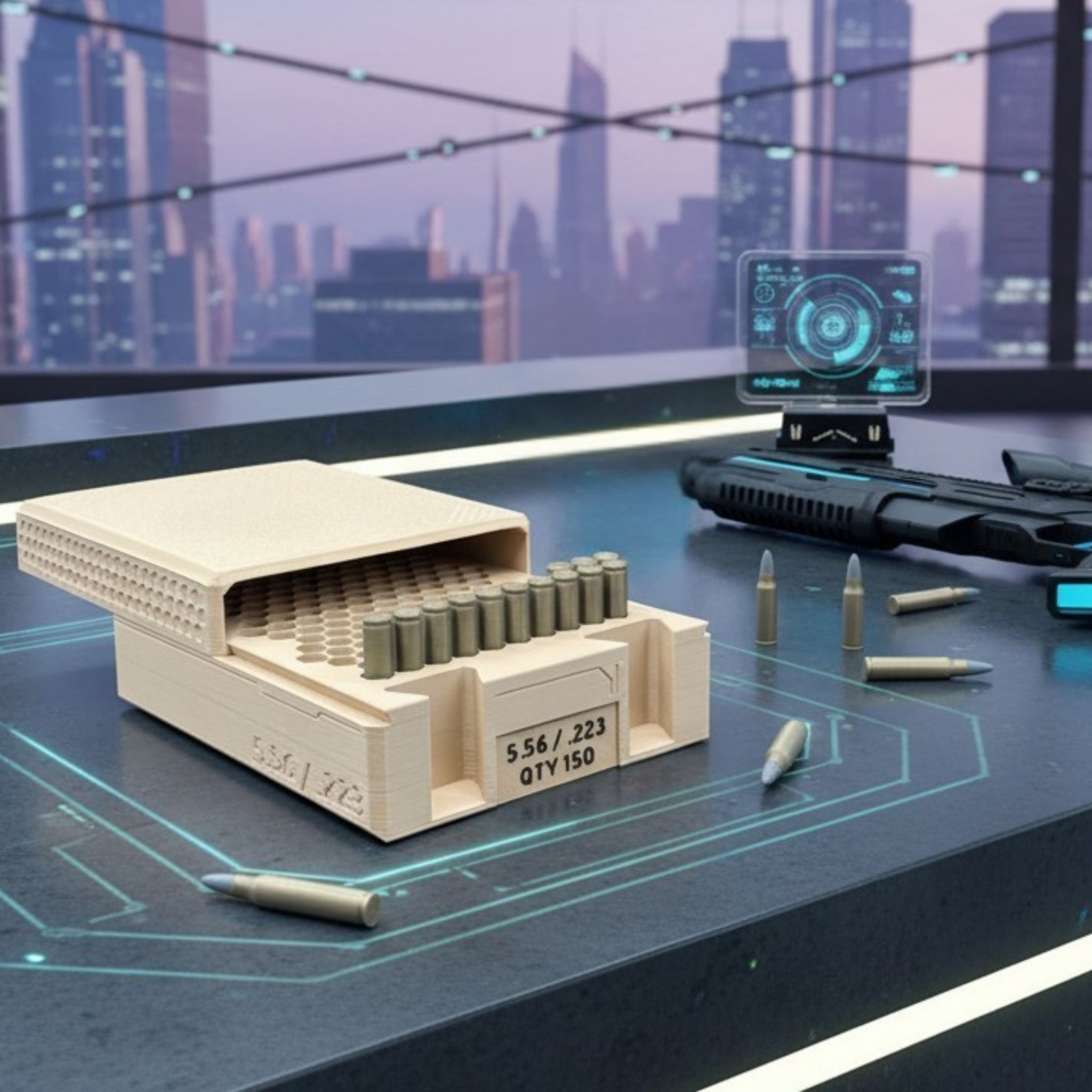 Tan ammunition organizer tray, exposed to show imitation bullets, set on a table in a futuristic setting that includes a gun, a monitor, and a skyline in the background.