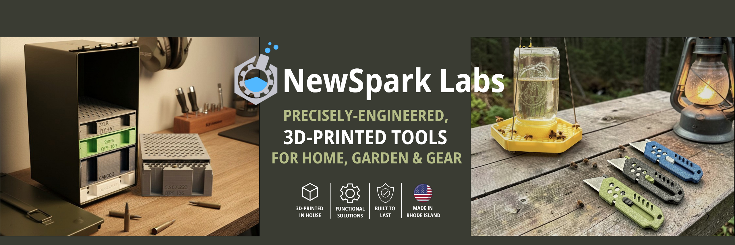 NewSpark Labs advertisement with 3D-printed tools on a wooden surface.
