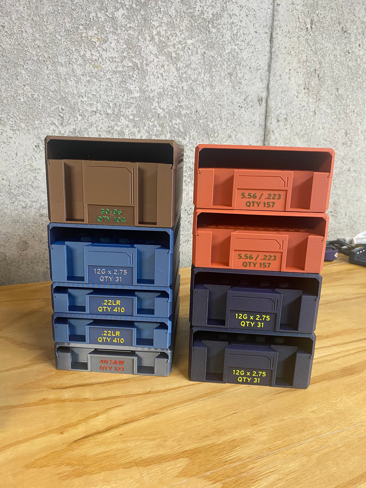 dark brown, cobalt blue metallic; terracotta, iron gray metallic