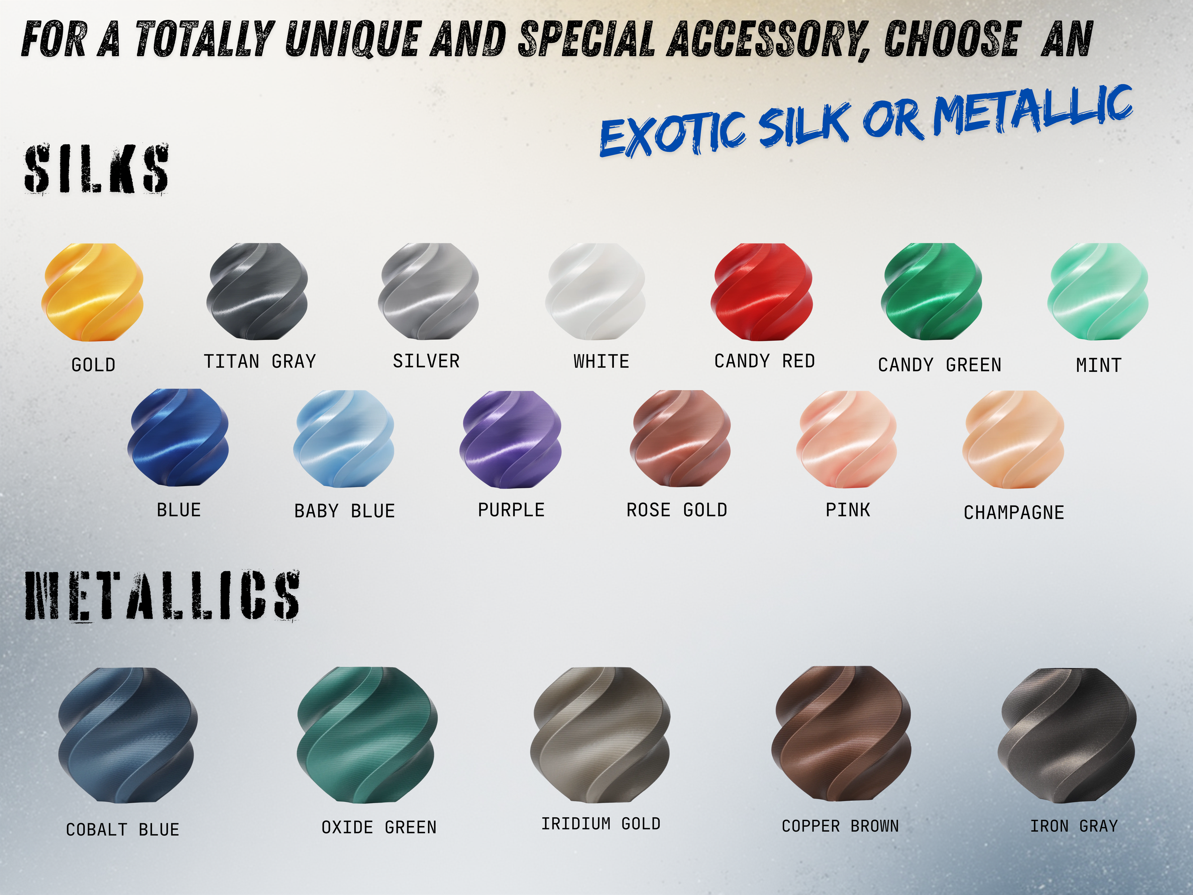 Color swatches for 'Silks' and 'Metallics' with names and descriptions on a light gray background.