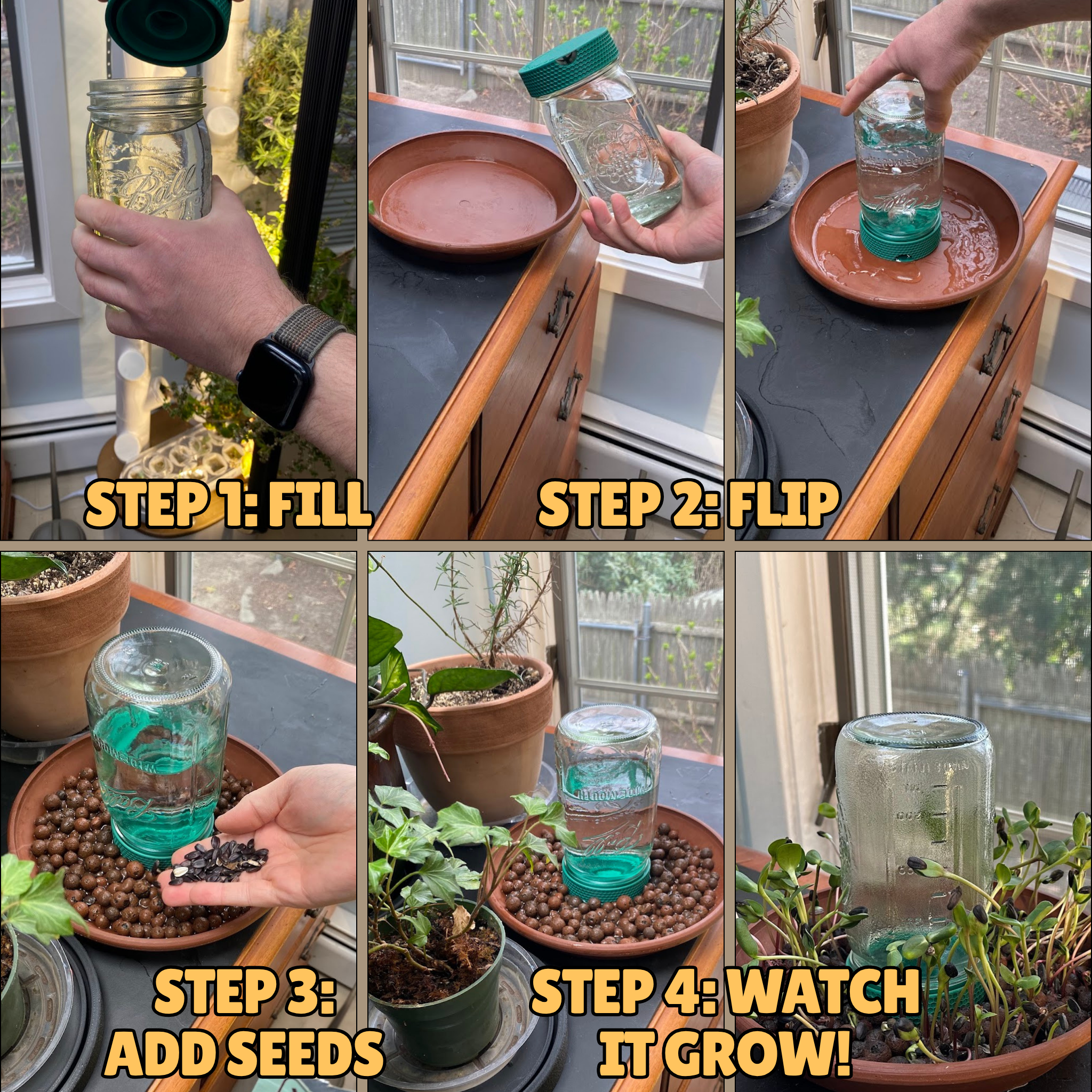 Auto-Watering Stand for Micro-green Seed Growing Universal Fit for Mason Jars, Soda Pop Bottles