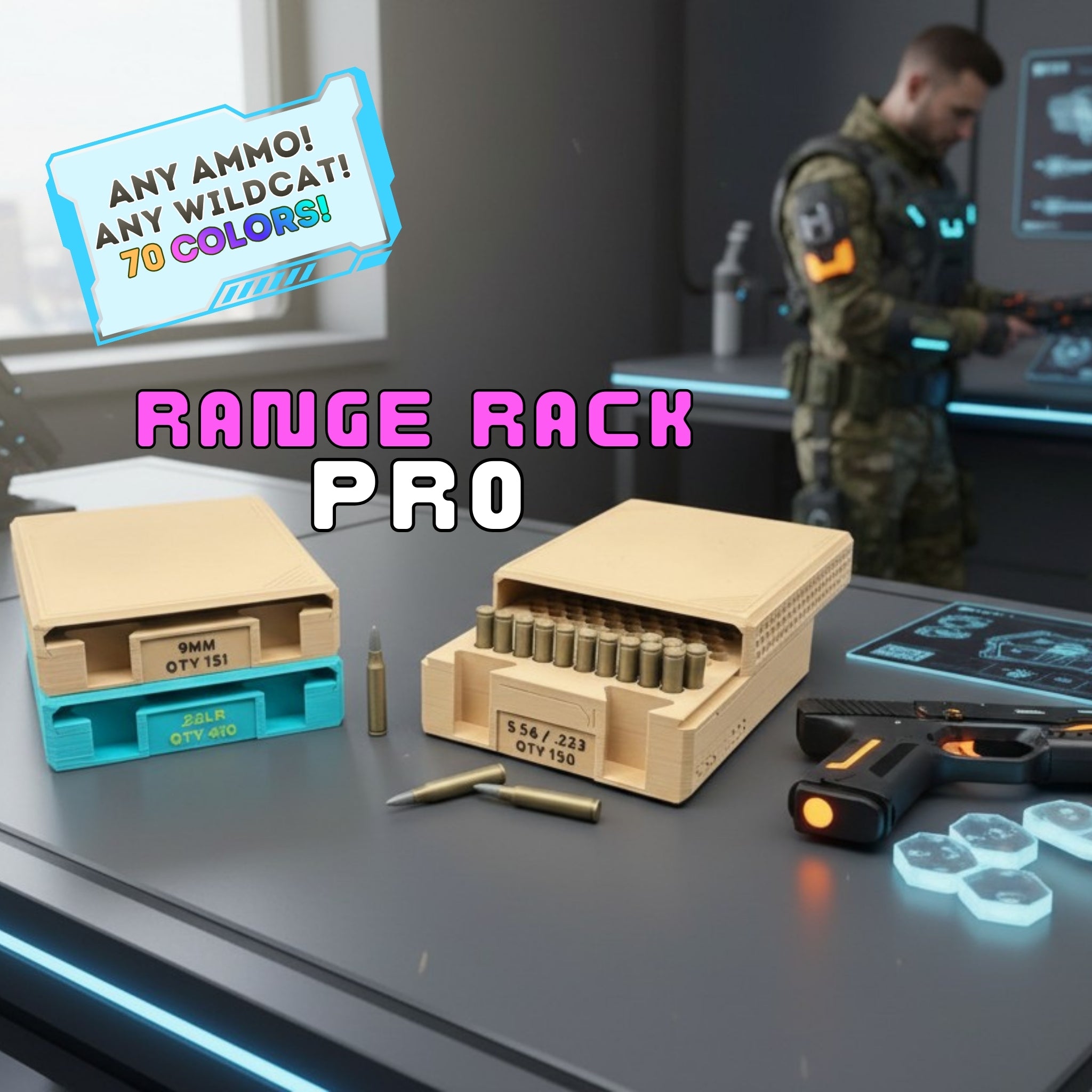 Range rack pro product with ammunition on a table, with a person in tactical gear in the background.