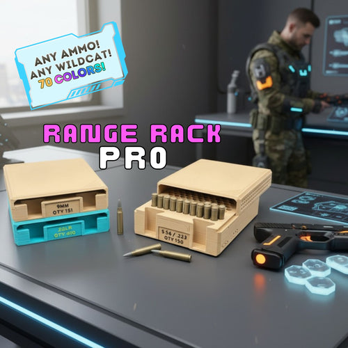 Range rack pro product with ammunition on a table, with a person in tactical gear in the background.