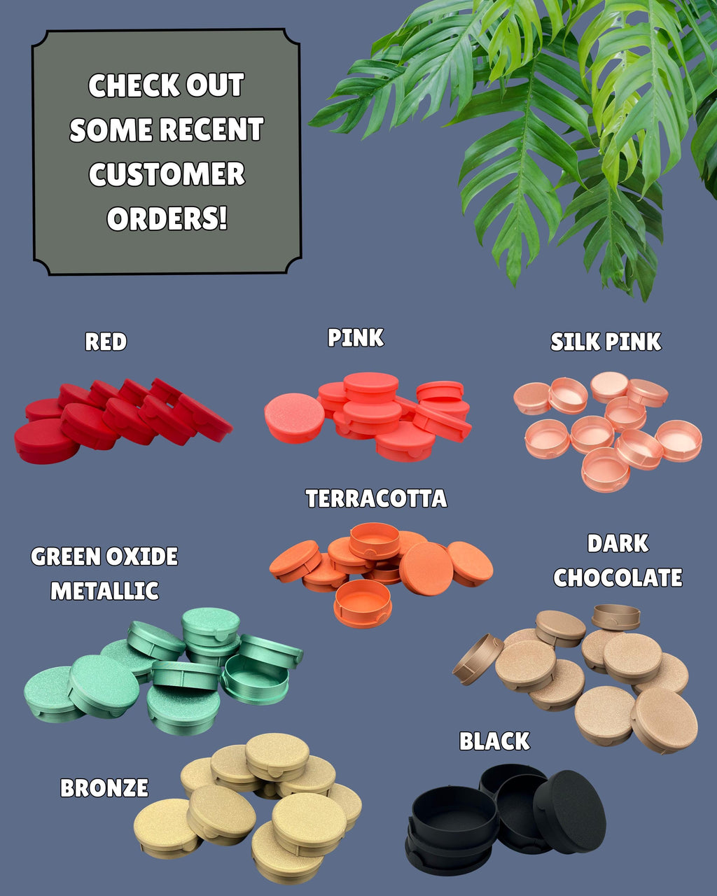 Color swatches of various colored items with text on a blue background