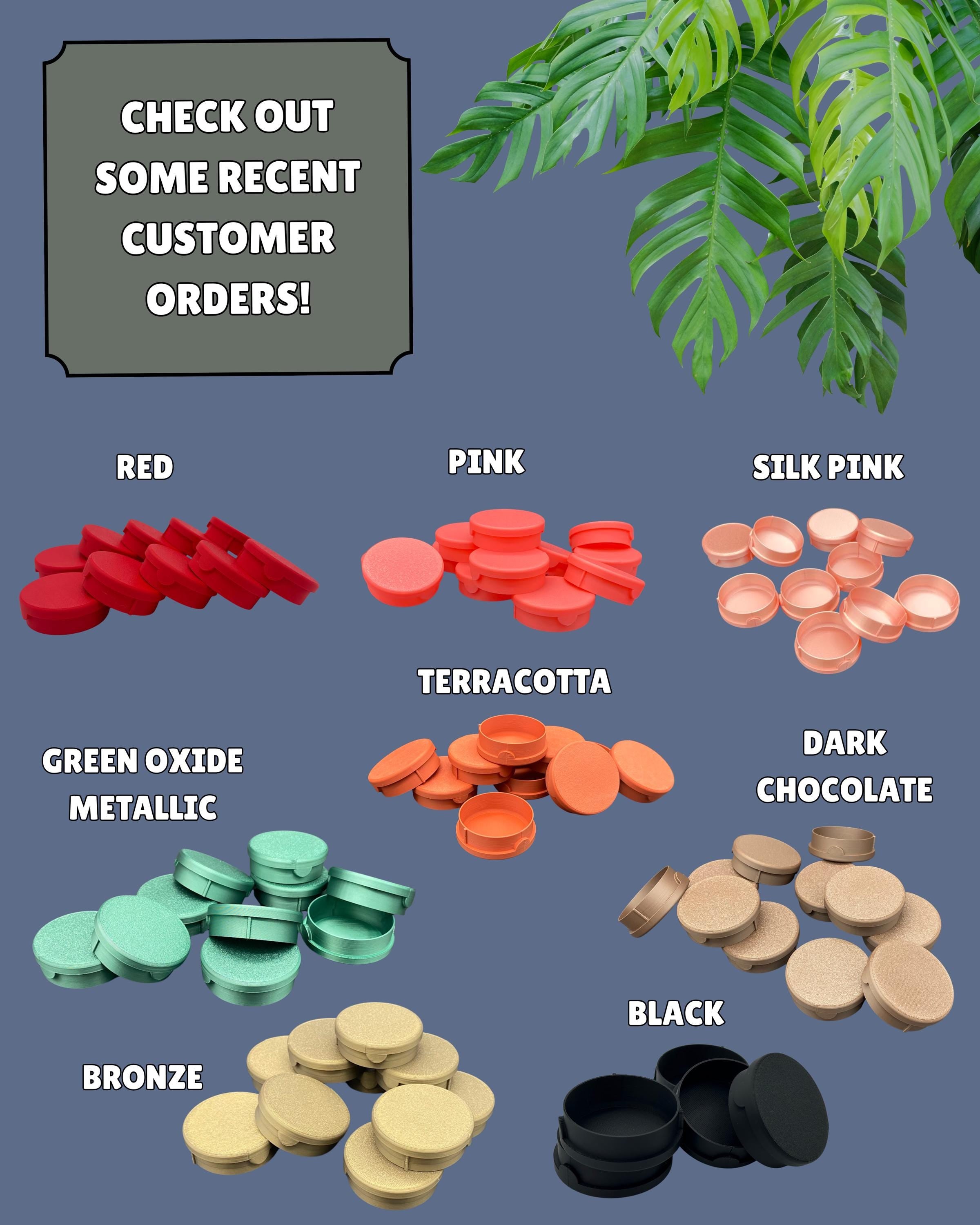 Color swatches of various colored items with text on a blue background